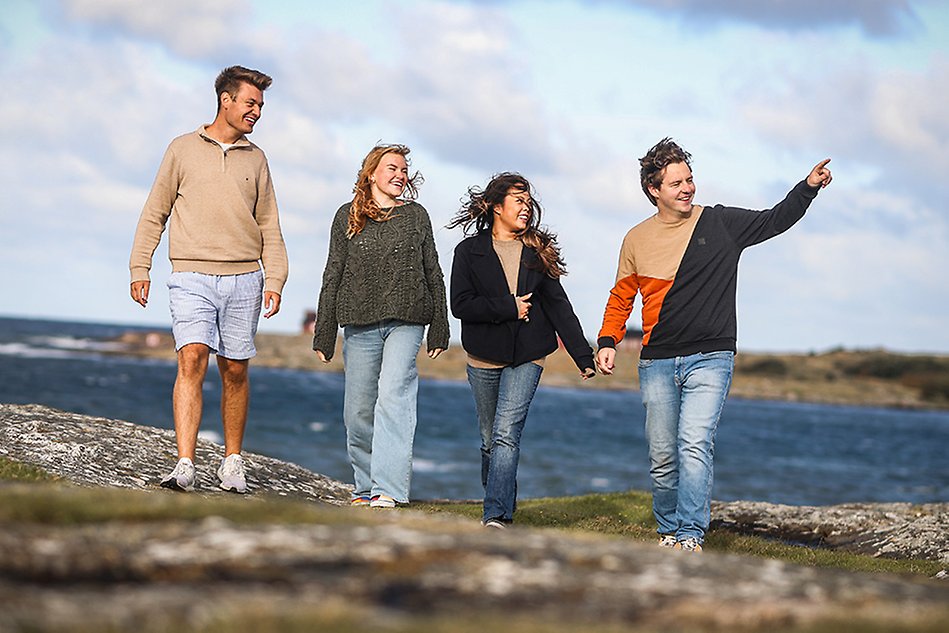 A group of students walking on the cliffs by the beach.